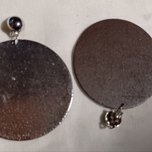 Large Silver Wooden Disc Clip On earrings - Picture 2 of 3
